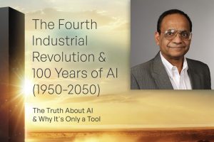 Cover of the book The Fourth Industrial Revolution and 100 Years of AI (1950–2050)/ Inset: a photo of Alok Aggarwal,