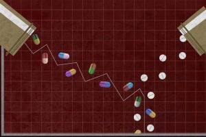 Two pill contains pouring pills against the backdrop of a line graph with a declining line.