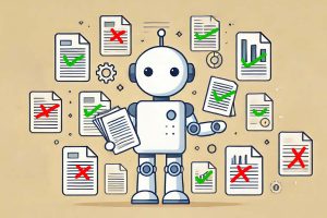 An illustration of a humanoid robot surrounded by documents. Some documents have green checkmarks, others have red Xs