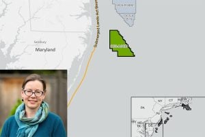 A map showing proposed offshore wind lease off the coast of maryland. Inset: a photo of Julie Lundquist