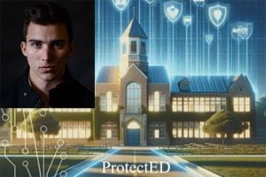 An AI rendering of a large academic building with various trust symbols around it. Inset: headshot photo of Dakota Robbins