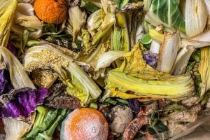 green and yellow background of many rotting fruit and vegetables