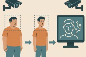An illustration showing a bigger and smaller version of a man in orange top and blue bottoms, and their faced being scanned and shown on a screen.
