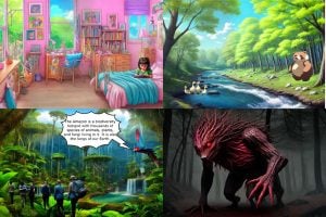 Four AI-generated illustrations depicting a child reading in a pink bedroom; a red panda and a family of ducks by a river; a parrot addressing a group of hikers in a tropical rainforest and a huge, dark porcupine-like monster in a spooky forest.