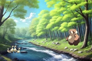 An AI-generated image of a stream in a forest with ducks and a bear, created by ID.8