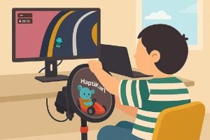 An illustration of a person in a green, striped top driving HaptiKart