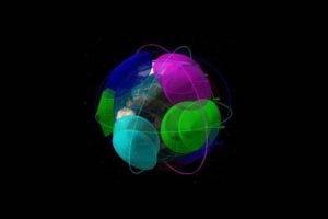 Color-coded satellite constellation coverage model illustrating orbital surveillance networks around Earth using bistatic radar architectures.