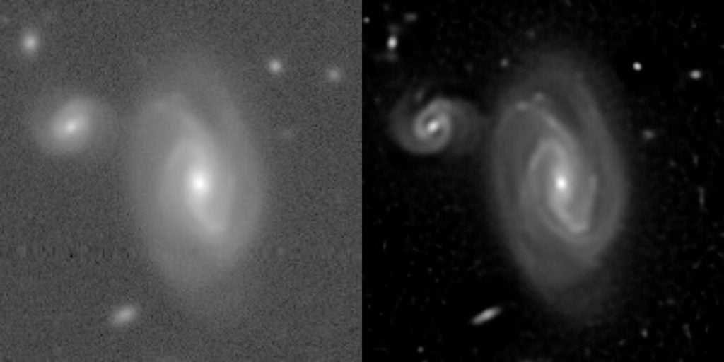Side by side photo comparison of galaxies taken without (blurry) and with (sharper) processing from the ImageMM algorithm