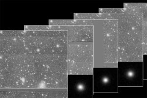 Set of Hyper Suprime-Cam i-band exposures showing different levels of atmospheric blur and noise across multiple astronomical images. The bottom-right panels display the corresponding point-spread functions used for image restoration, while gray bands indicate chip gaps where data are missing.