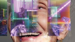 The image of a room with suggested data points is shown as an overlay of an older woman's face.