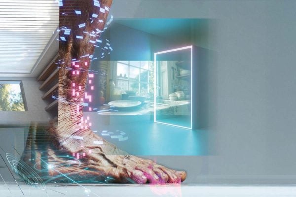 A rendering of a foot with datapoints and overlays of a kitchen sink