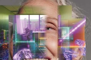 An older woman’s smiling face blended with colorful, futuristic digital imagery representing technology and innovation in healthy aging.