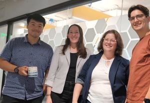 A group image of (From left to right) Bohan Ni (CS PhD student), Alexis Battle, Rebecca Keener (BME research scientist), Graydon Moorhead (CMDB PhD student)
