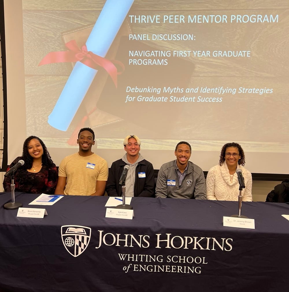 A photo of THRIVE panelists sitting at table in front of a screen that reads "Thrive Peer Mentor Program "Panel Discussion: Navigating first year graduate programs"