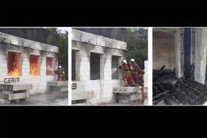 Three side-by-side photos of a small concrete fire test structure. The first shows flames inside the openings. The second shows firefighters spraying water into the structure. The third shows the interior after the fire is extinguished, with a charred timber column and burned debris.