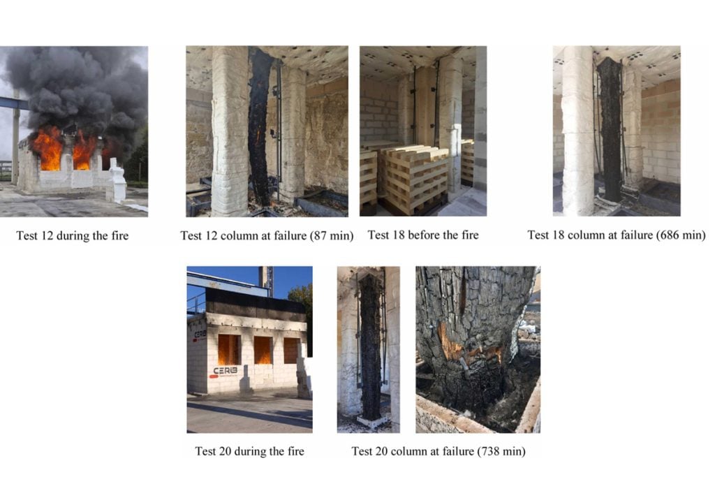 A series of photos from multiple fire tests. Images show a small concrete test structure with flames during a fire, timber columns after burning with heavy charring, and close-up views of damaged columns. Some images show columns before fire exposure, while others show columns at failure after different durations.