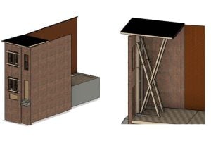3D renderings of a partially preserved rowhome façade with a temporary shoring system and protective roof, showing both exterior and structural support details.