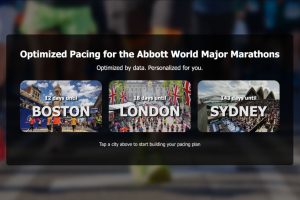 The home page for the marathon pacing site. "Optimized Pacing for the Abbot World Major Marathons" With image links to Boston, London and Sydney Marathons with countdown timers. 