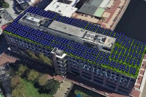 Digital rendering of the Brown Advisory Building in Baltimore’s Fells Point neighborhood featuring a proposed bio-solar roof with extensive solar panels and green roof vegetation designed to capture stormwater and generate clean energy.