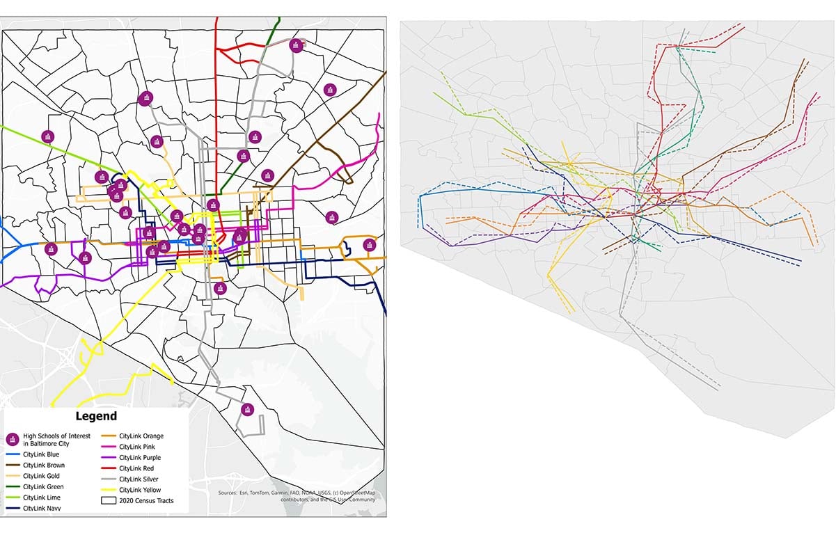 Side-by-side maps of Baltimore City transit routes. The left map shows existing bus lines overlaid with high school locations and census tracts, while the right map displays multiple proposed optimized route scenarios in different colors, illustrating how a systems engineering team is redesigning student transit networks for improved efficiency and reliability.